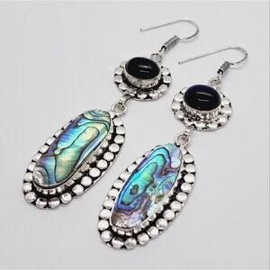 Abalone Shell Black Onyx Handmade 925 Stamped Silver Drop Dangle Earrings 3.04"